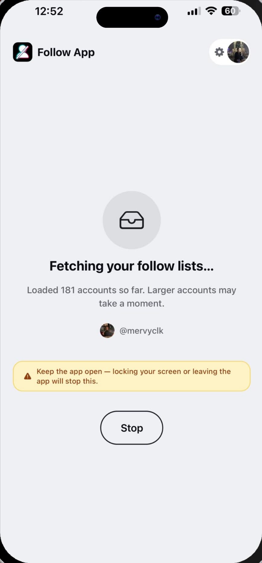 FollowTok loading a TikTok follower list on the device