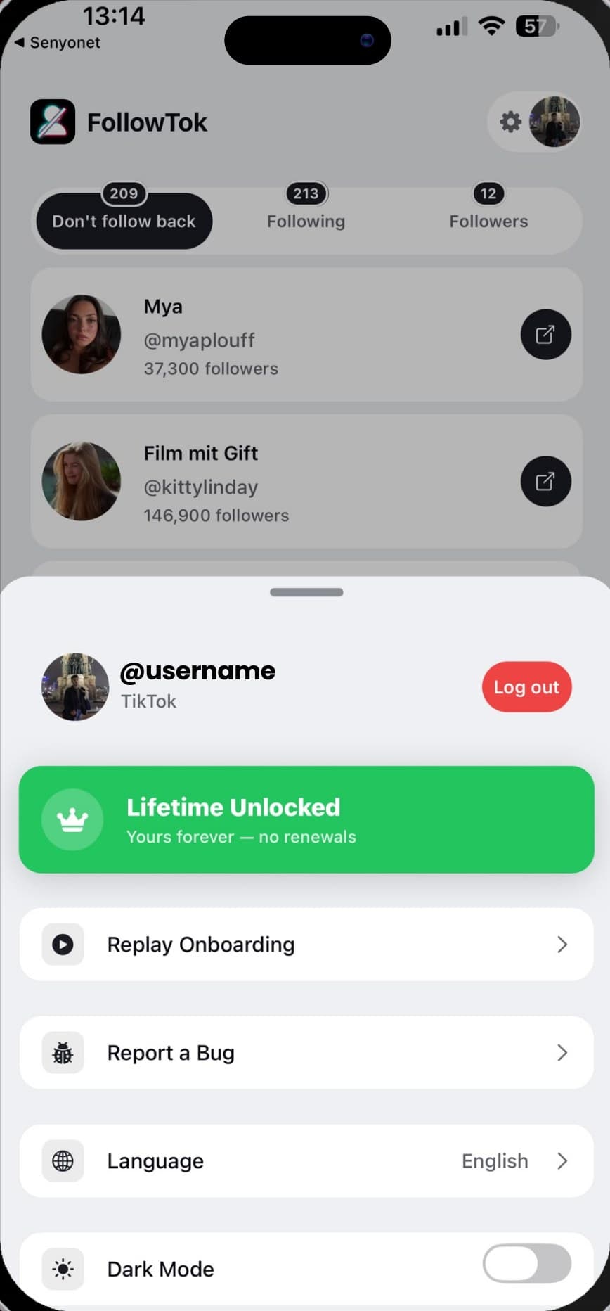 The FollowTok profile screen showing the connected account and plan